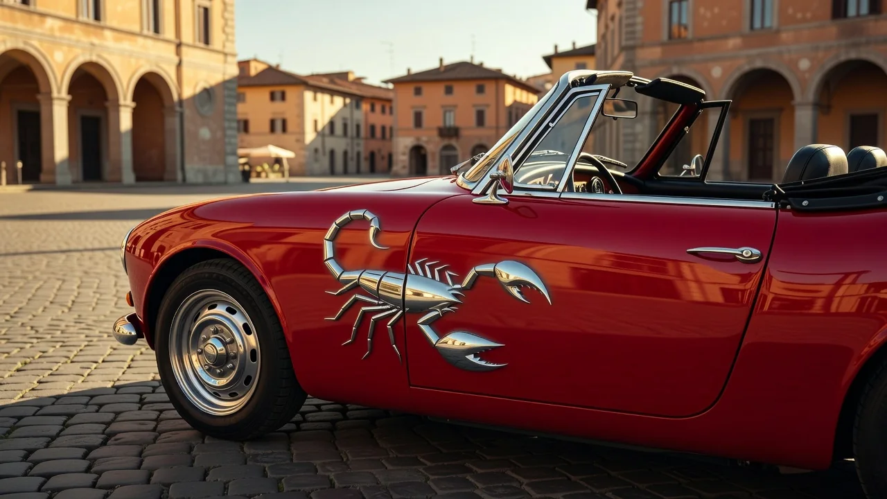 Piccola cabriolet sportiva italiana con capote aperta in una piazza storica